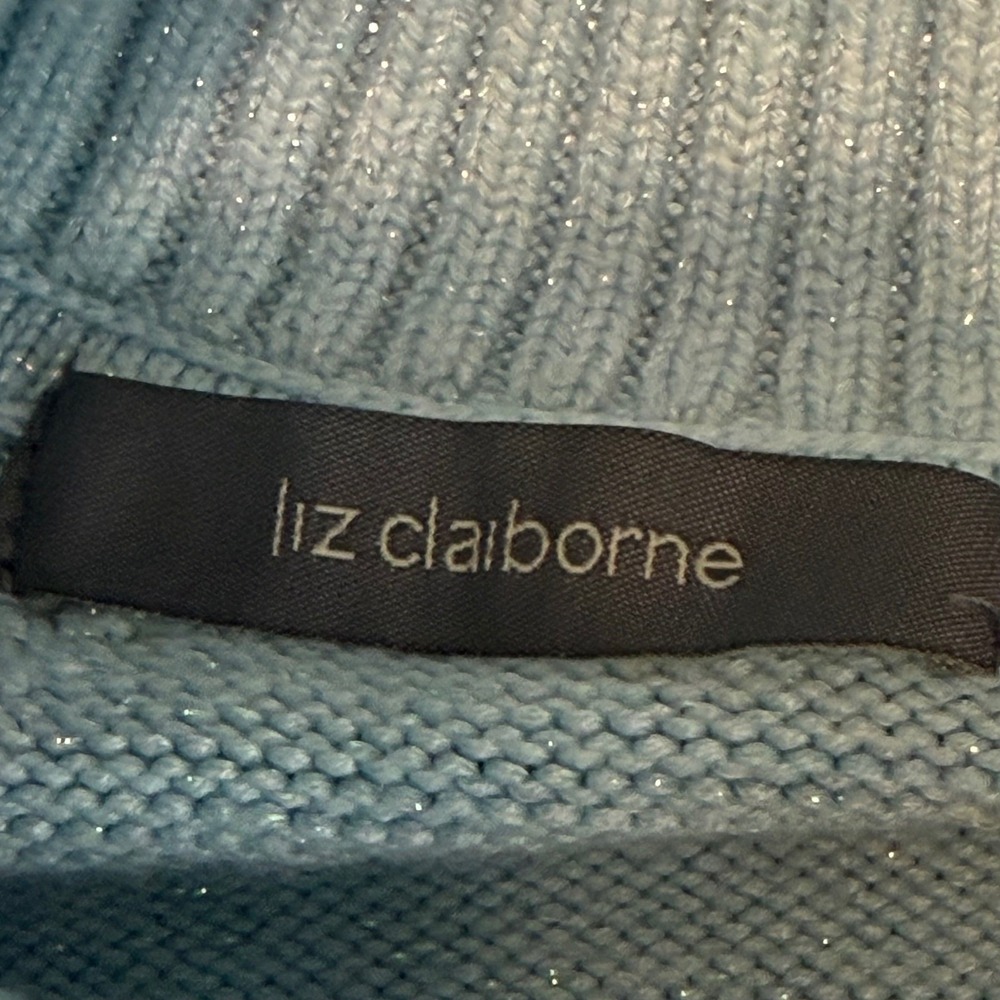 Liz Claiborne Light Blue Metallic Shimmer Cowl Neck Sweater Pointelle Shoulder L - Picture 3 of 8